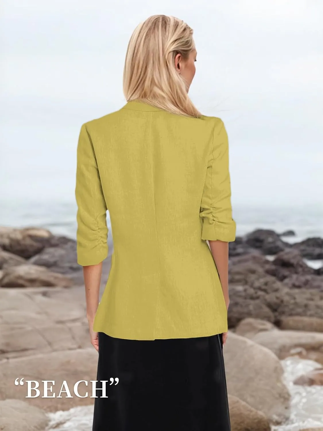 2025 Summer Linen Blazer Women Lightweight 3/4 Stretchy Ruched Sleeve Fully-Lined Casual Work Jacket with Pockets