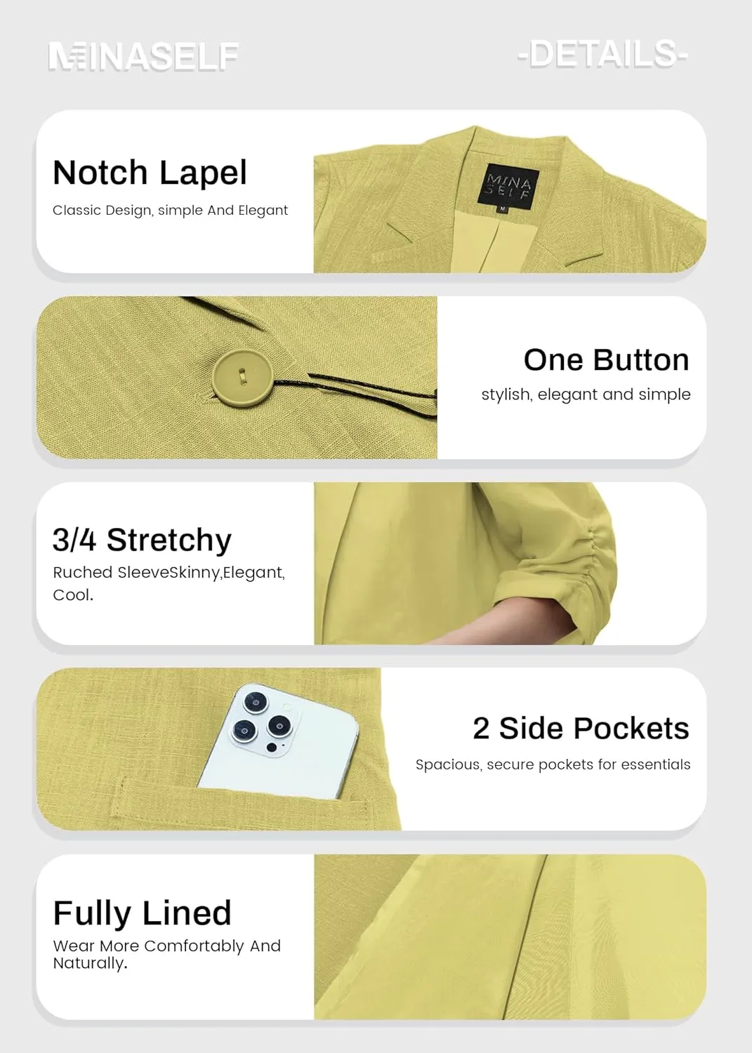 2025 Summer Linen Blazer Women Lightweight 3/4 Stretchy Ruched Sleeve Fully-Lined Casual Work Jacket with Pockets