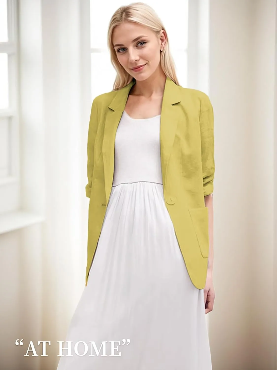 2025 Summer Linen Blazer Women Lightweight 3/4 Stretchy Ruched Sleeve Fully-Lined Casual Work Jacket with Pockets