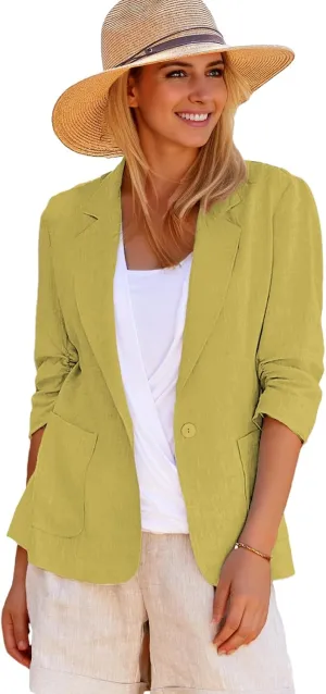 2025 Summer Linen Blazer Women Lightweight 3/4 Stretchy Ruched Sleeve Fully-Lined Casual Work Jacket with Pockets