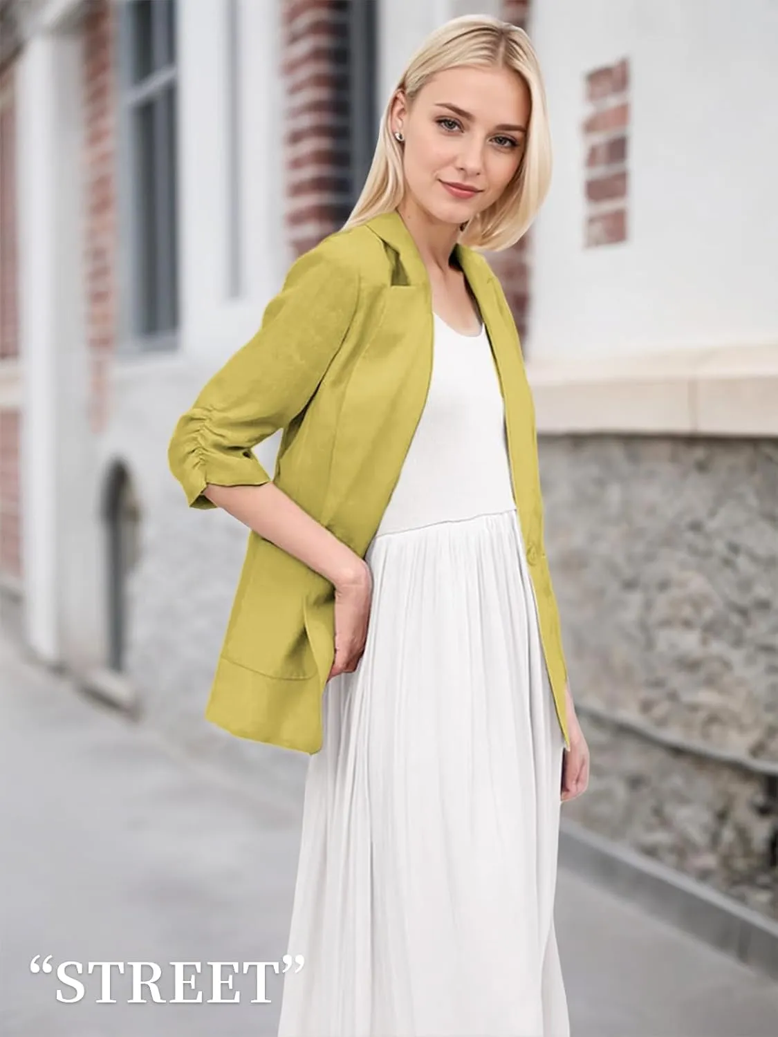 2025 Summer Linen Blazer Women Lightweight 3/4 Stretchy Ruched Sleeve Fully-Lined Casual Work Jacket with Pockets