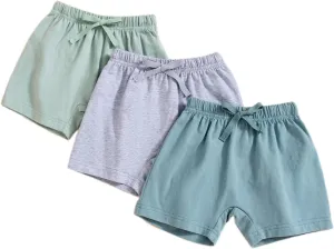 3 Pack Baby Boy Shorts Solid Cotton Short with Drawstring Casual Summer Bottoms Pants