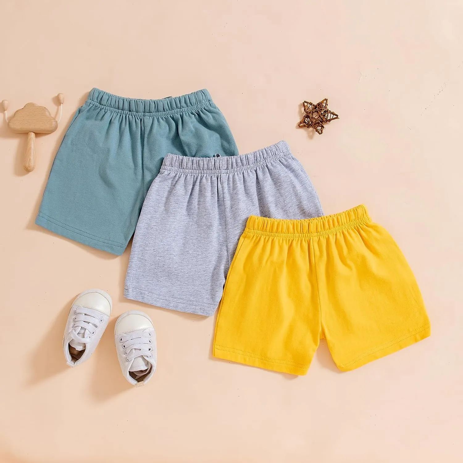 3 Pack Baby Boy Shorts Solid Cotton Short with Drawstring Casual Summer Bottoms Pants