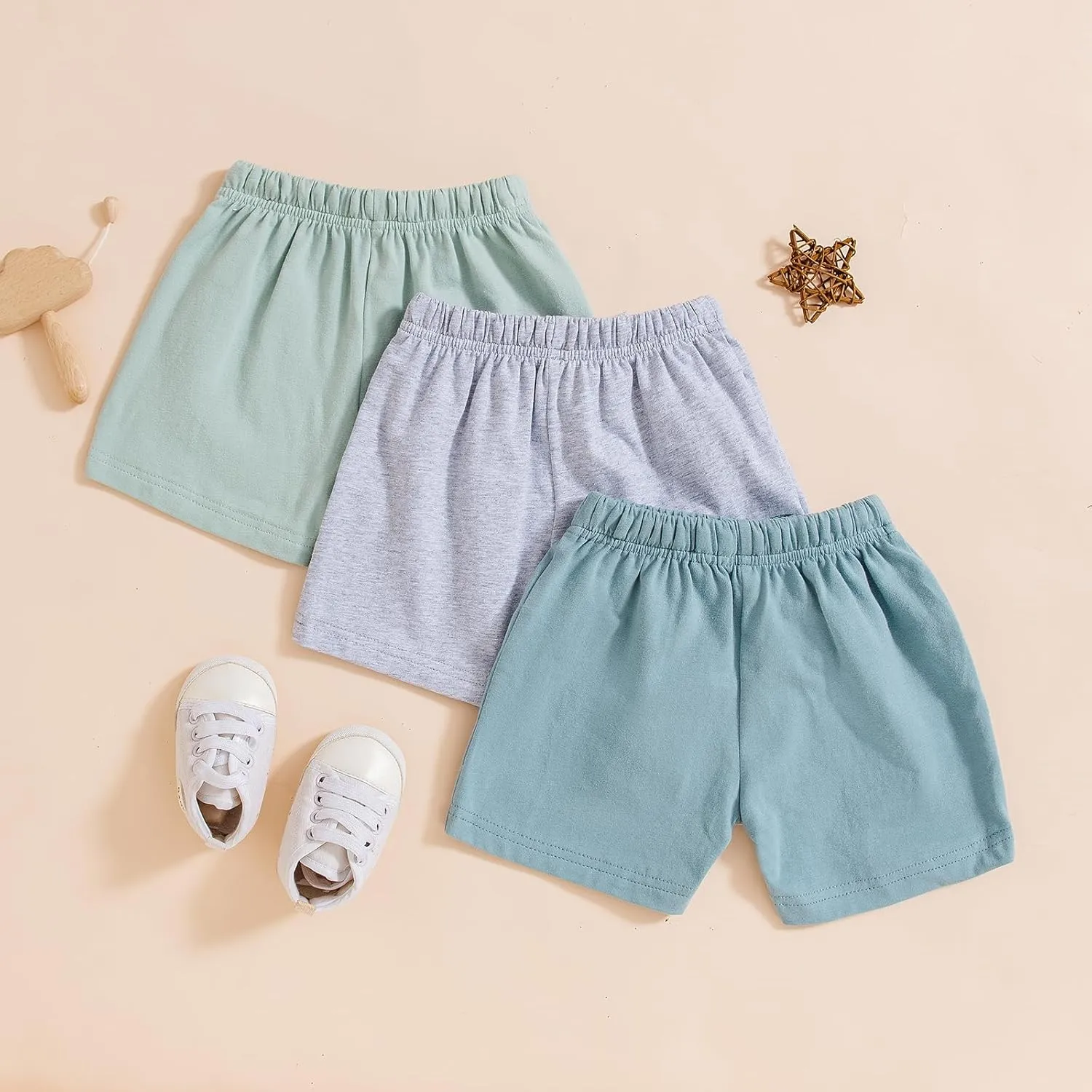 3 Pack Baby Boy Shorts Solid Cotton Short with Drawstring Casual Summer Bottoms Pants