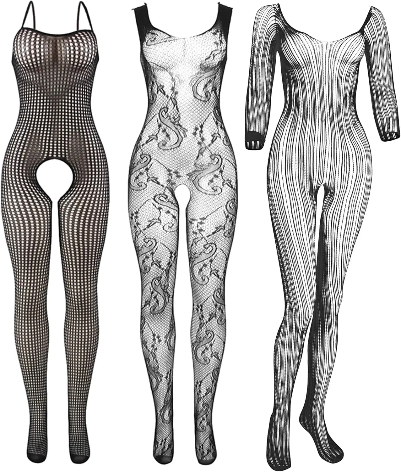 3 Pcs Women's Fishnet Lingerie Plus Size Mesh Bodysuit Lingerie for Women