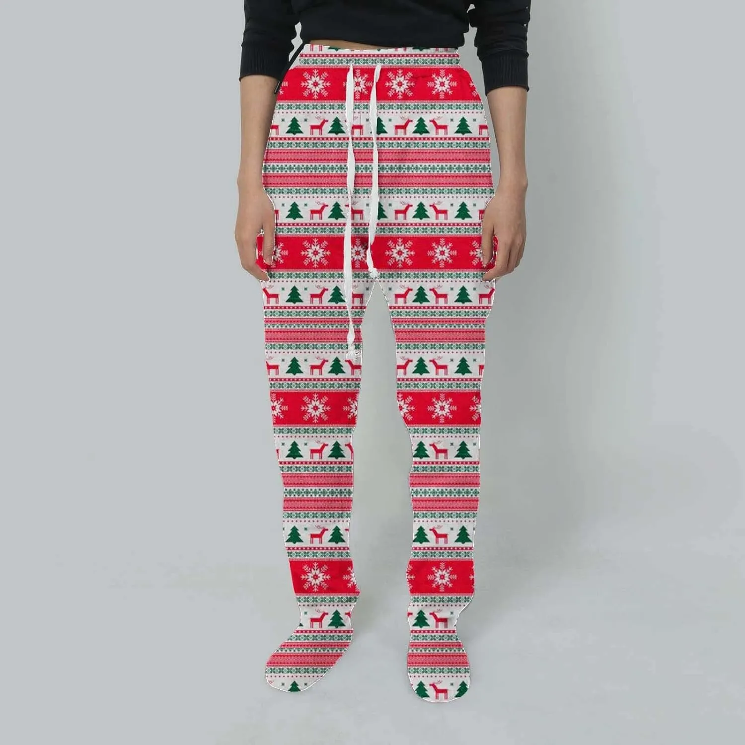 Adult Footed Sweatpants for Women Elastic Waisted Loose Casual Trousers Pockets Drawstring Buffalo Plaid Pajama Pants