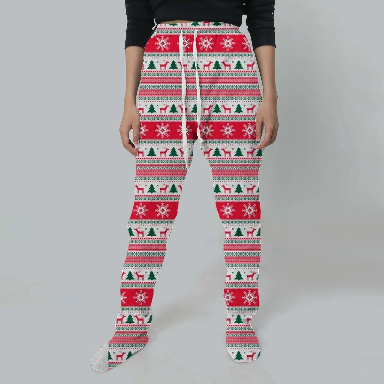 Adult Footed Sweatpants for Women Elastic Waisted Loose Casual Trousers Pockets Drawstring Buffalo Plaid Pajama Pants