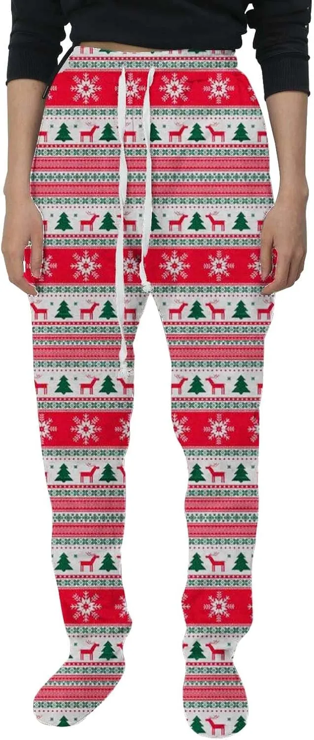Adult Footed Sweatpants for Women Elastic Waisted Loose Casual Trousers Pockets Drawstring Buffalo Plaid Pajama Pants