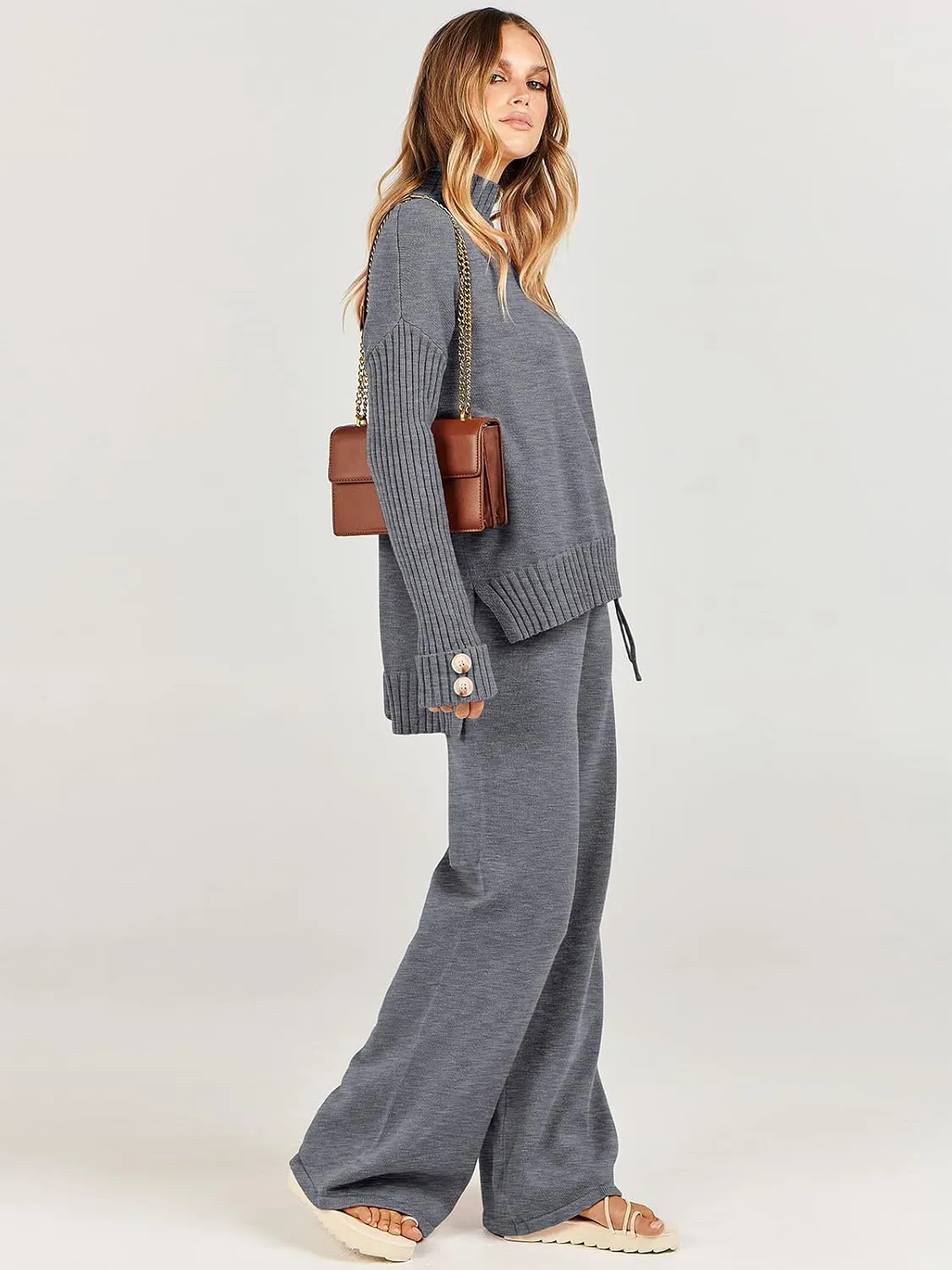 ANRABESS Women's 2 Piece Outfit Sweater Lounge Sets Long Sleeve Knit Pullover Wide Leg Pant Tracksuit Loungewear 2024 Fashion