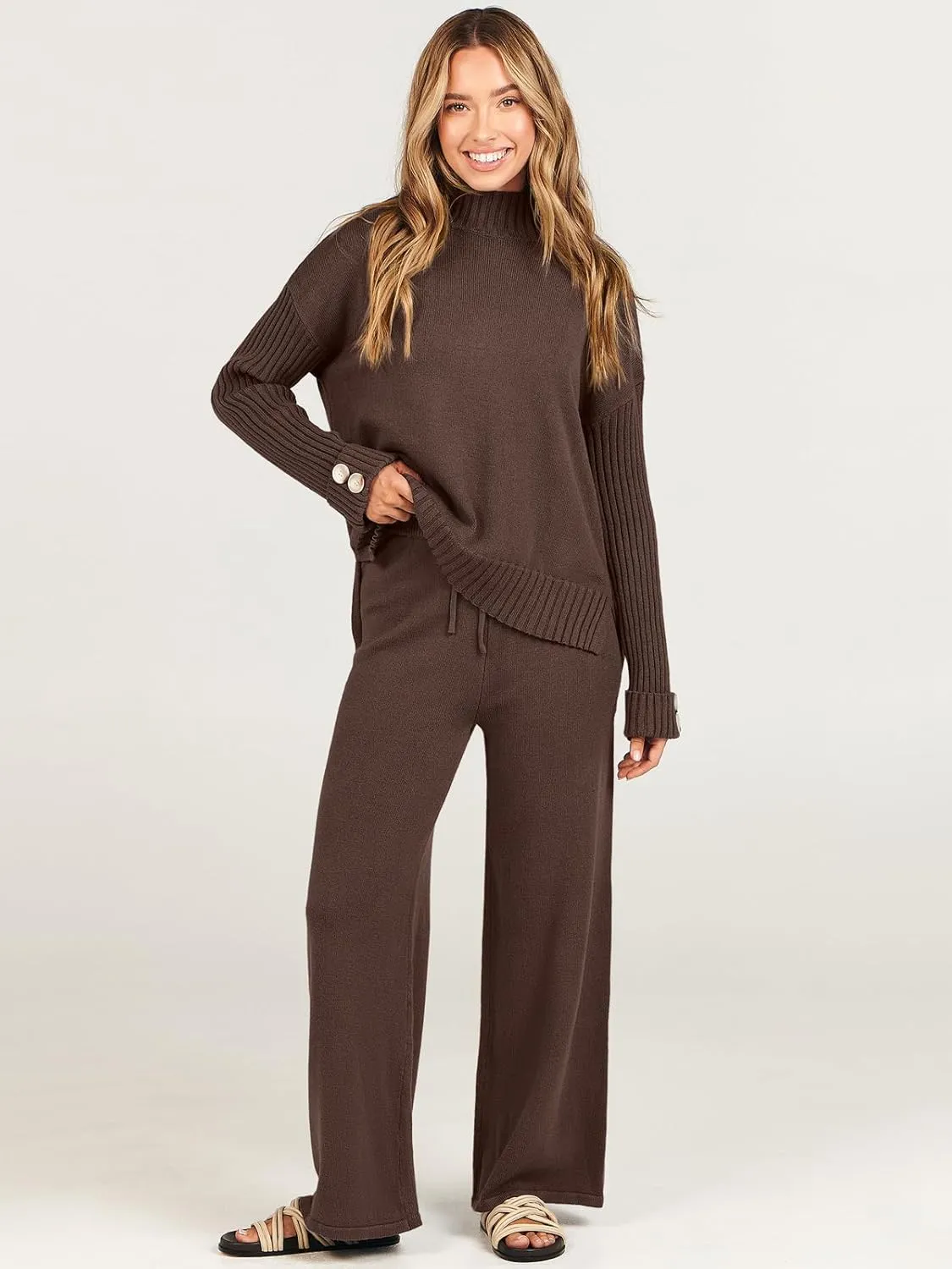 ANRABESS Women's 2 Piece Outfit Sweater Lounge Sets Long Sleeve Knit Pullover Wide Leg Pant Tracksuit Loungewear 2024 Fashion