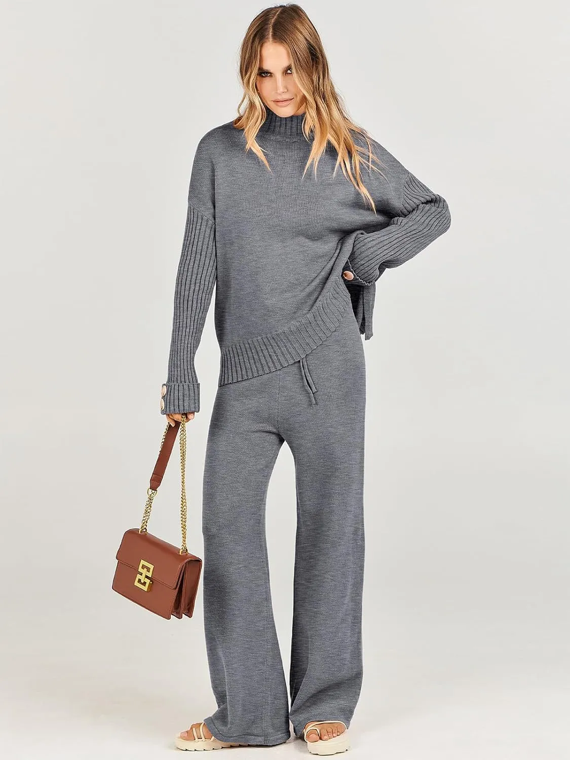 ANRABESS Women's 2 Piece Outfit Sweater Lounge Sets Long Sleeve Knit Pullover Wide Leg Pant Tracksuit Loungewear 2024 Fashion