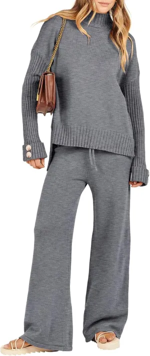 ANRABESS Women's 2 Piece Outfit Sweater Lounge Sets Long Sleeve Knit Pullover Wide Leg Pant Tracksuit Loungewear 2024 Fashion