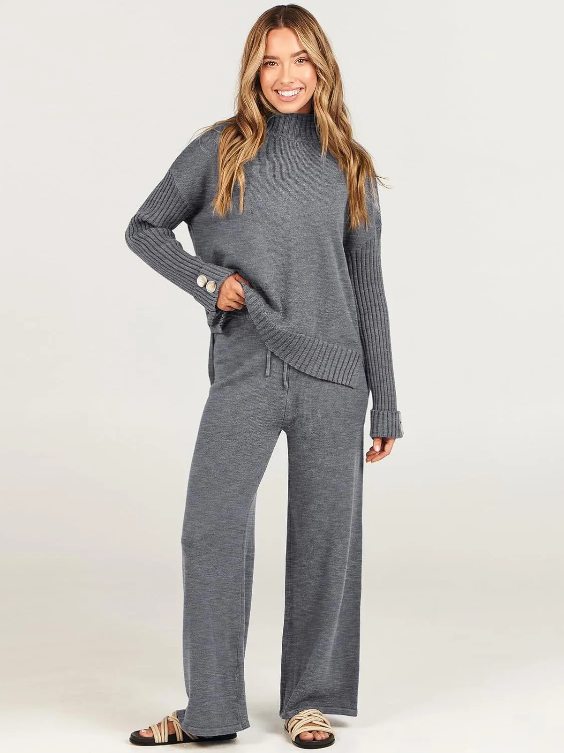 ANRABESS Women's 2 Piece Outfit Sweater Lounge Sets Long Sleeve Knit Pullover Wide Leg Pant Tracksuit Loungewear 2024 Fashion