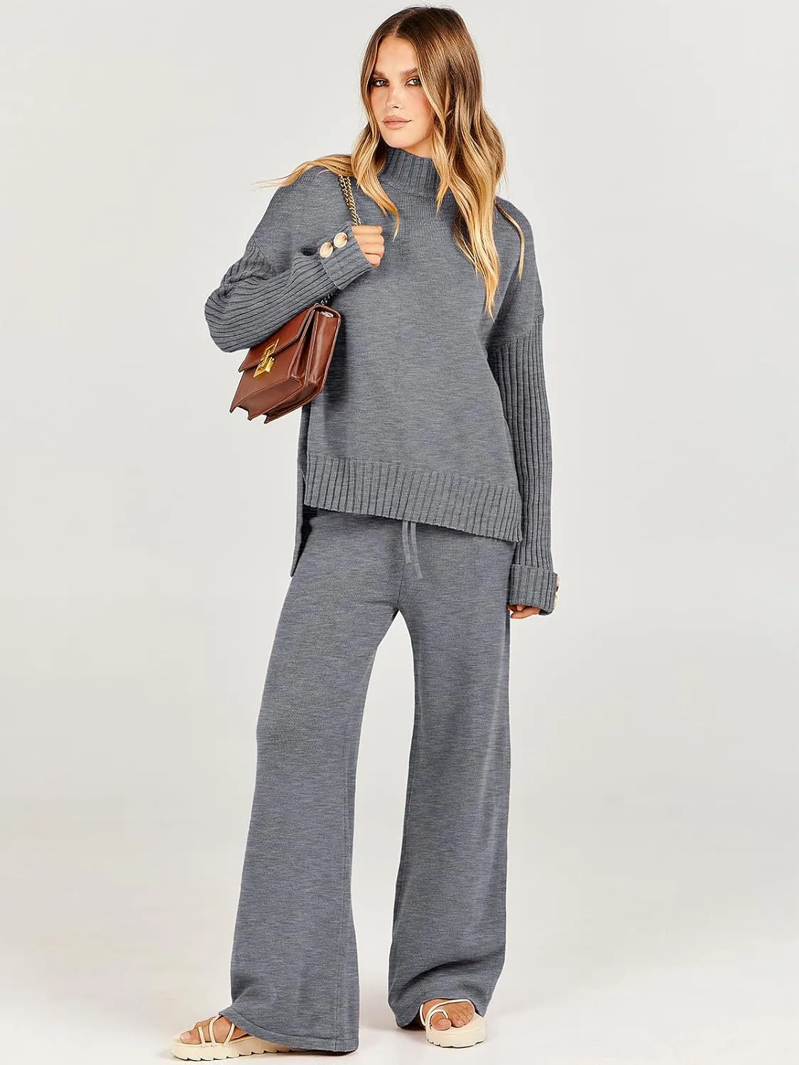 ANRABESS Women's 2 Piece Outfit Sweater Lounge Sets Long Sleeve Knit Pullover Wide Leg Pant Tracksuit Loungewear 2024 Fashion