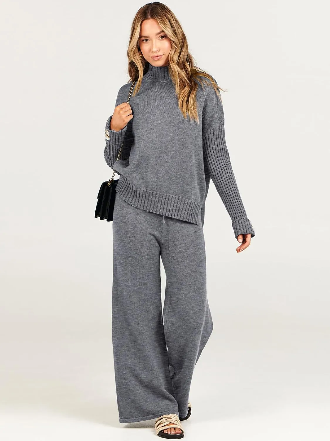 ANRABESS Women's 2 Piece Outfit Sweater Lounge Sets Long Sleeve Knit Pullover Wide Leg Pant Tracksuit Loungewear 2024 Fashion