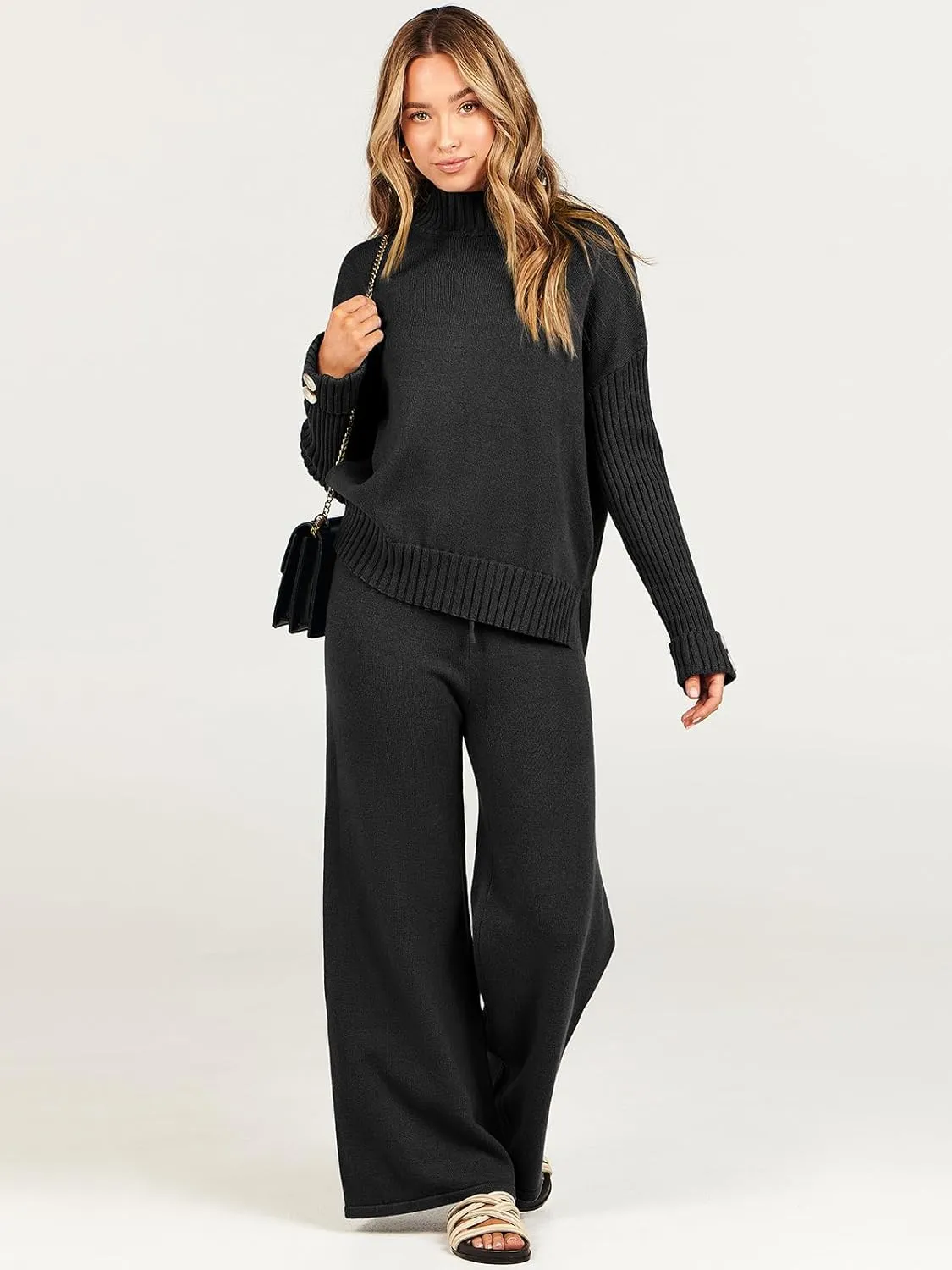 ANRABESS Women's 2 Piece Outfit Sweater Lounge Sets Long Sleeve Knit Pullover Wide Leg Pant Tracksuit Loungewear 2025 Fashion