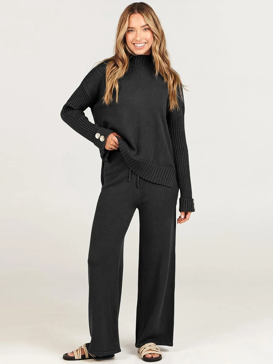 ANRABESS Women's 2 Piece Outfit Sweater Lounge Sets Long Sleeve Knit Pullover Wide Leg Pant Tracksuit Loungewear 2025 Fashion
