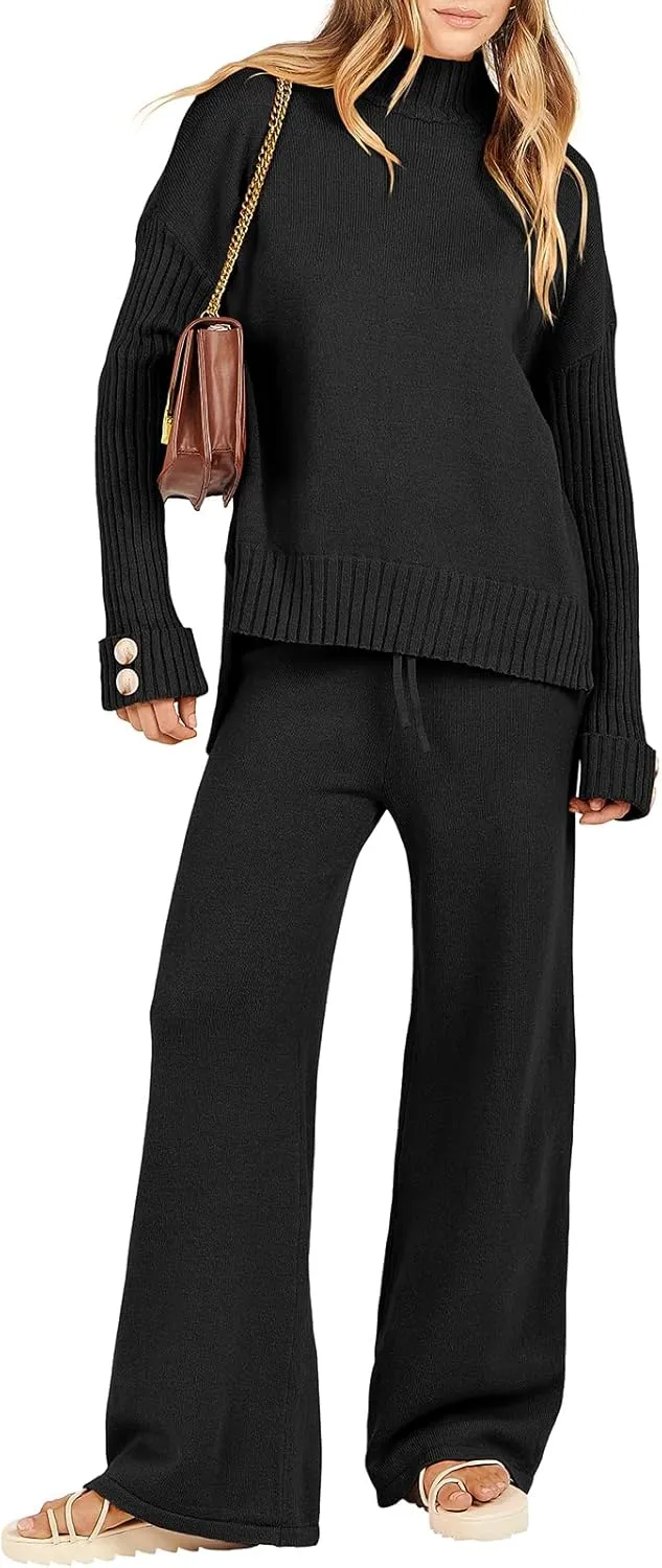 ANRABESS Women's 2 Piece Outfit Sweater Lounge Sets Long Sleeve Knit Pullover Wide Leg Pant Tracksuit Loungewear 2025 Fashion