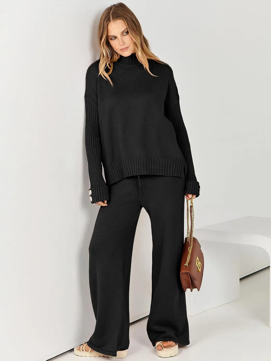 ANRABESS Women's 2 Piece Outfit Sweater Lounge Sets Long Sleeve Knit Pullover Wide Leg Pant Tracksuit Loungewear 2025 Fashion
