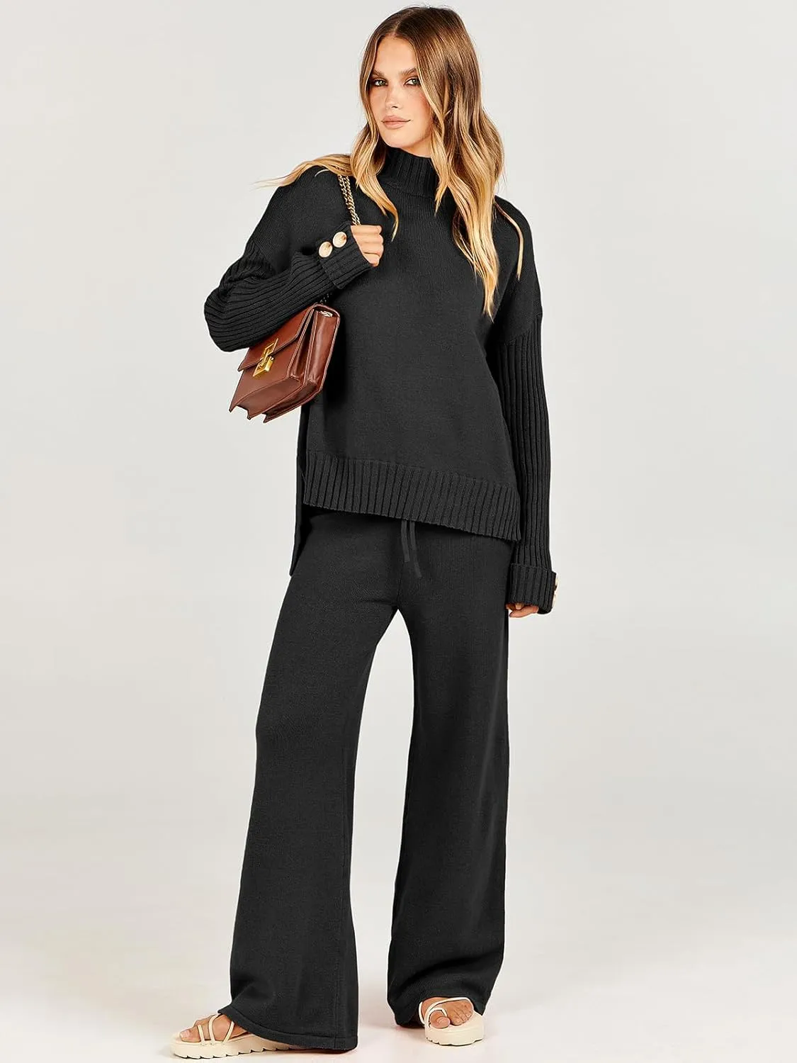 ANRABESS Women's 2 Piece Outfit Sweater Lounge Sets Long Sleeve Knit Pullover Wide Leg Pant Tracksuit Loungewear 2025 Fashion