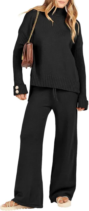 ANRABESS Women's 2 Piece Outfit Sweater Lounge Sets Long Sleeve Knit Pullover Wide Leg Pant Tracksuit Loungewear 2025 Fashion
