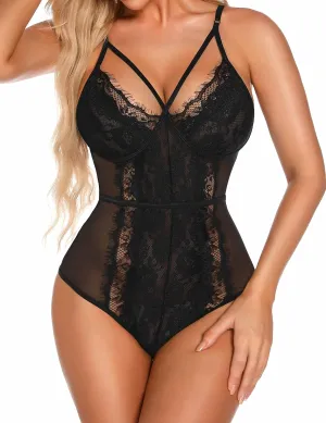 Aranmei Lingerie for Women Eyelash Lace Strappy Sexy Teddy Babydoll Lingerie with Snap Crotch