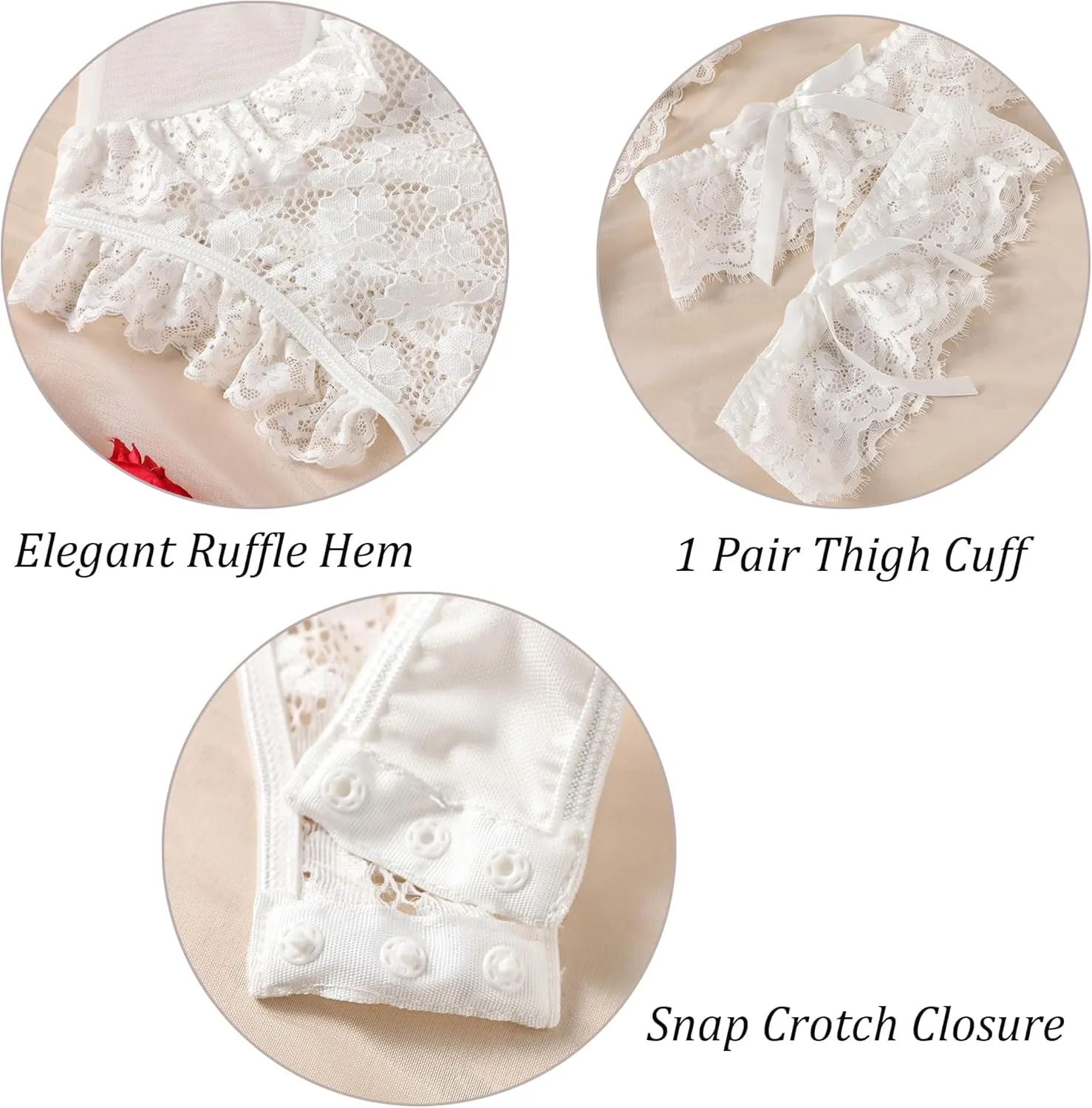 Aranmei Women Sexy Lingerie Bodysuit Floral Lace Teddy Babydoll Snap Crotch Ruffle One Piece with Thigh Bands