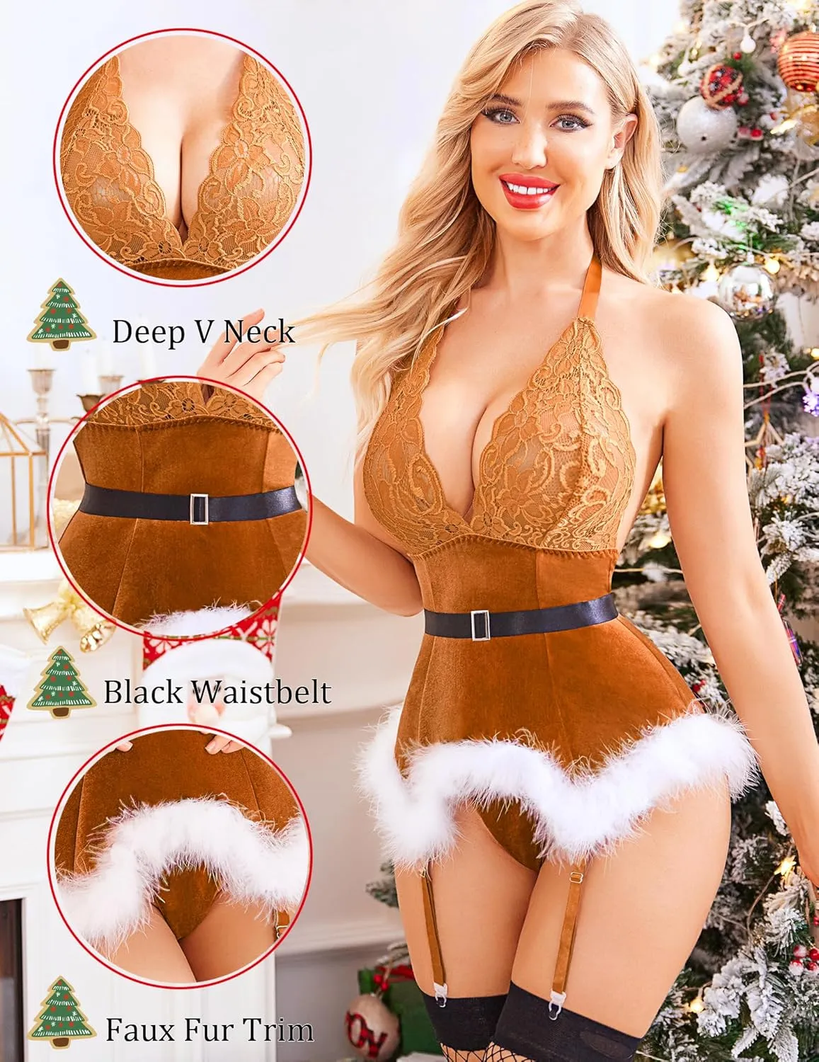 Avidlove Christmas Lingerie Sets Women Garter Bustier Set Santa Babydoll Bodysuits Lace Chemise (No Stockings) S-XXL