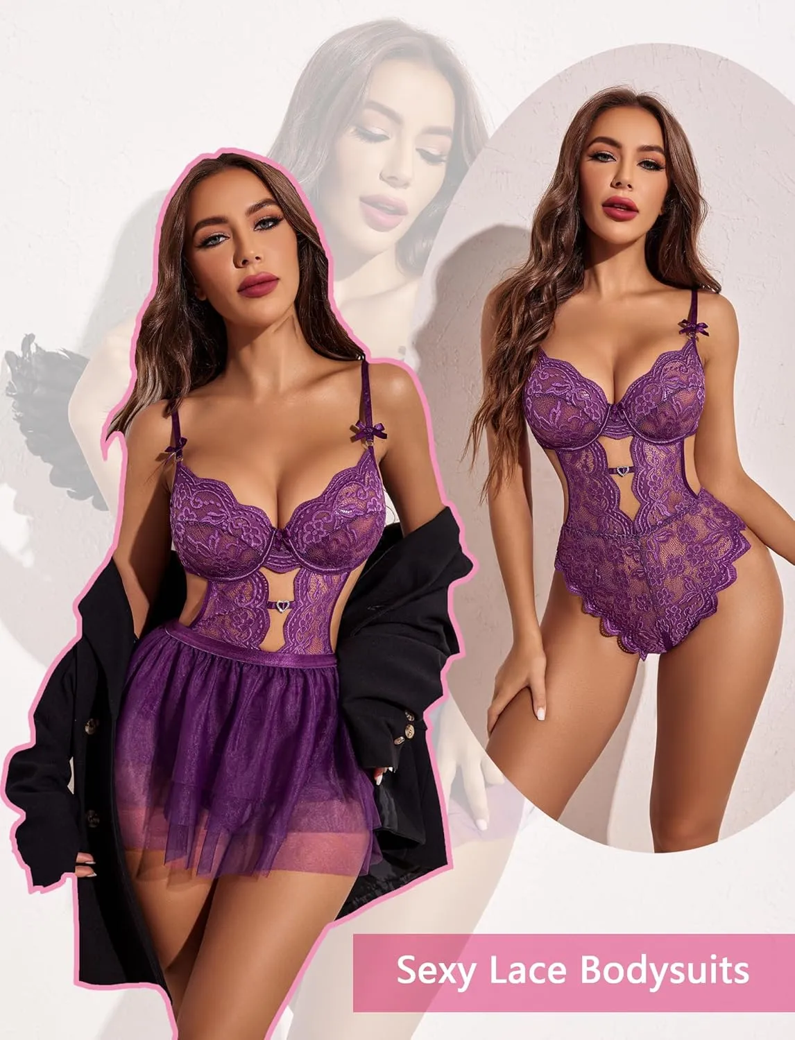 Avidlove Lingerie for Women Lace Bodysuit with Detachable Mesh Mini Skirt Push Up Teddy Lingerie Set