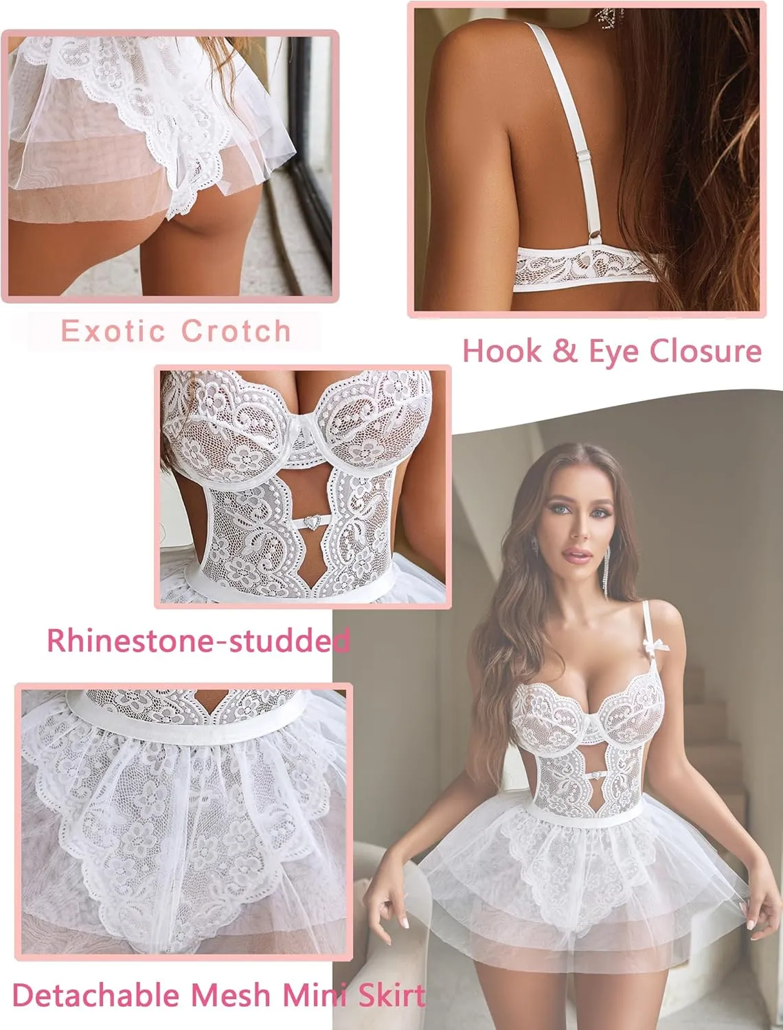 Avidlove Lingerie for Women Lace Bodysuit with Detachable Mesh Mini Skirt Push Up Teddy Lingerie Set