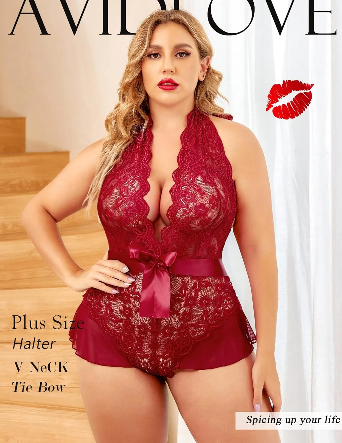 Avidlove Plus Size Lingerie for Women Deep V Neck Teddy Lingerie Halter Lace Bodysuit Nightgown