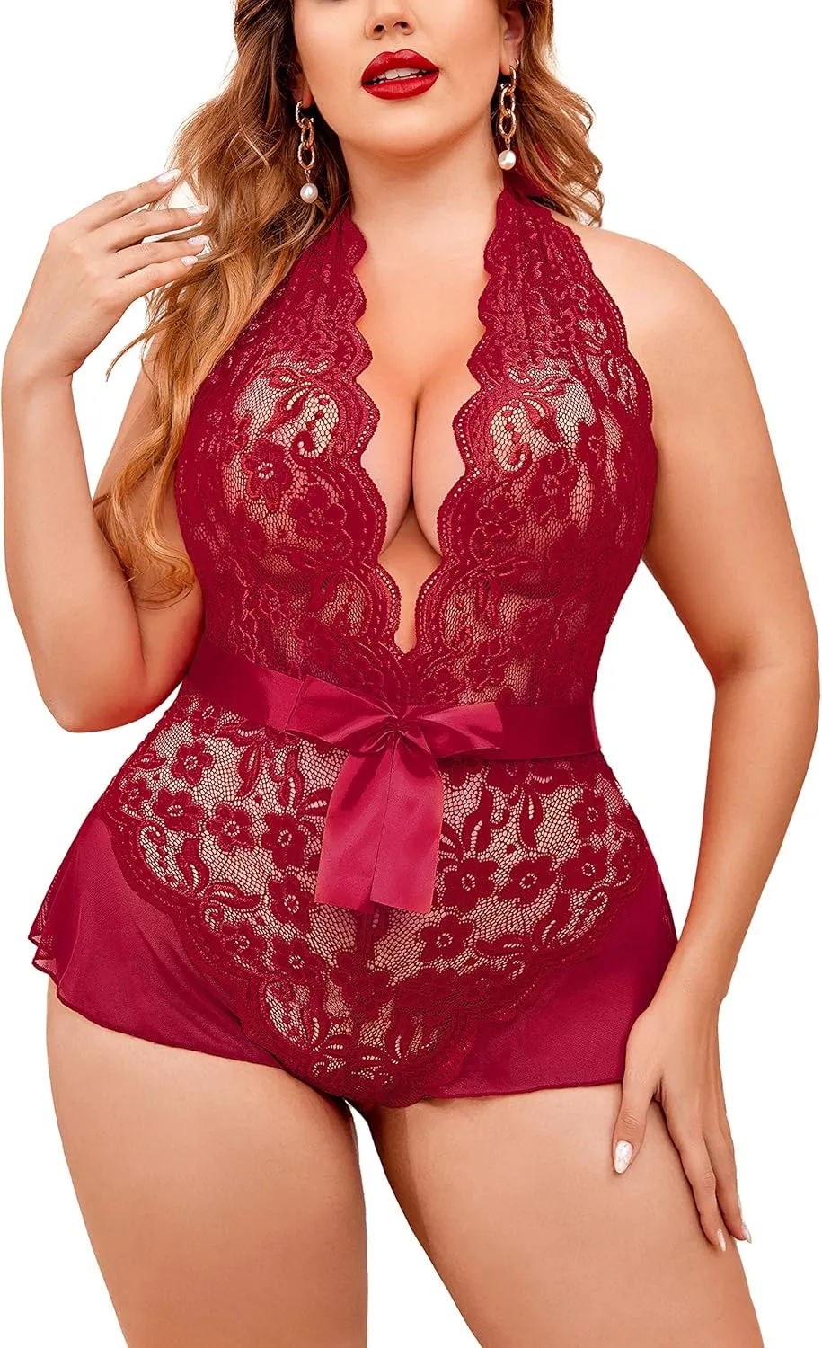 Avidlove Plus Size Lingerie for Women Deep V Neck Teddy Lingerie Halter Lace Bodysuit Nightgown