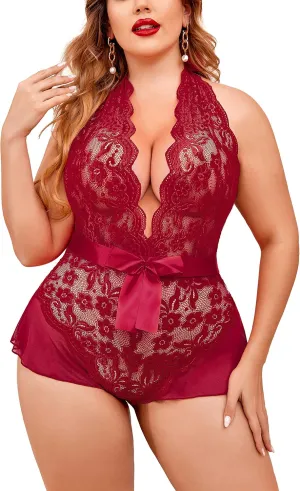 Avidlove Plus Size Lingerie for Women Deep V Neck Teddy Lingerie Halter Lace Bodysuit Nightgown