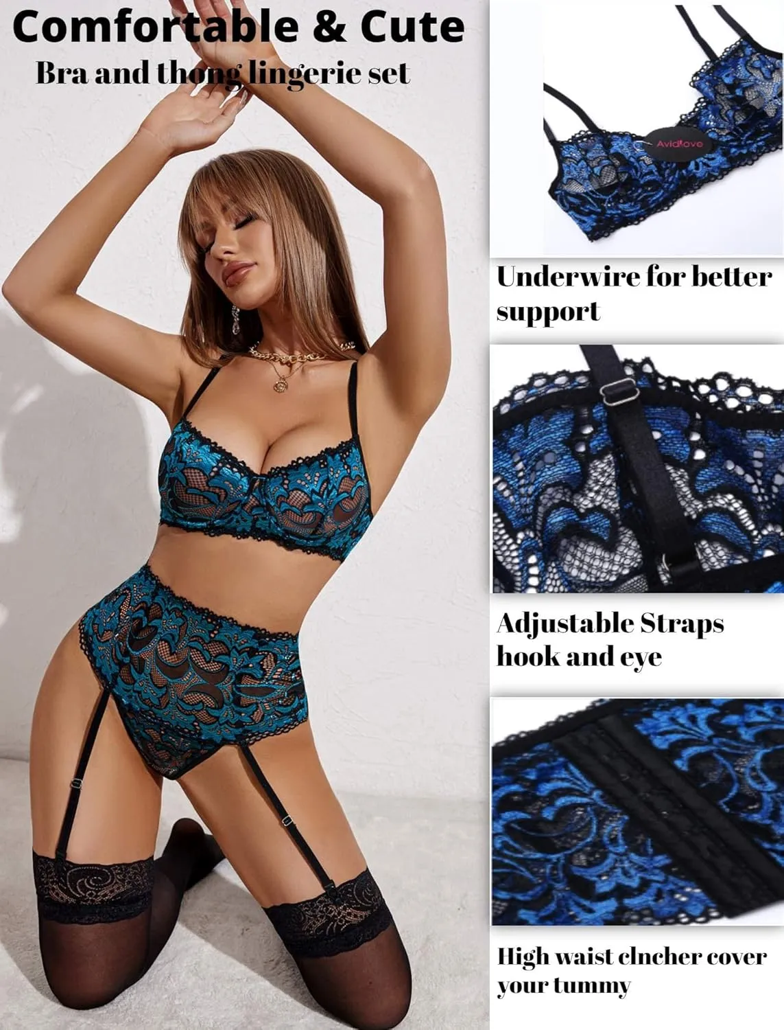 Avidlove Women Lingerie Set High Waisted Underwire Lingerie With Garter Belt Lace Babydoll