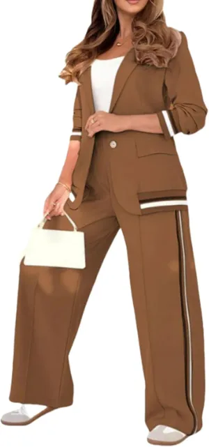 Blazer Sets Women 2 Piece Outfits Ribbed Sets One Button Blazer and Wide Leg Pants Suits Casual Business Outfits