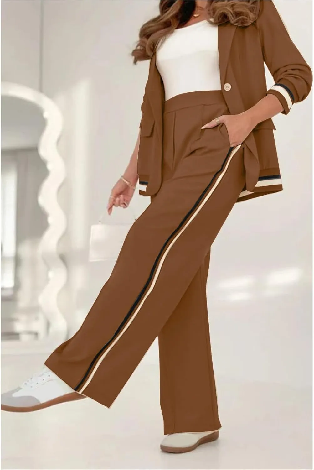 Blazer Sets Women 2 Piece Outfits Ribbed Sets One Button Blazer and Wide Leg Pants Suits Casual Business Outfits