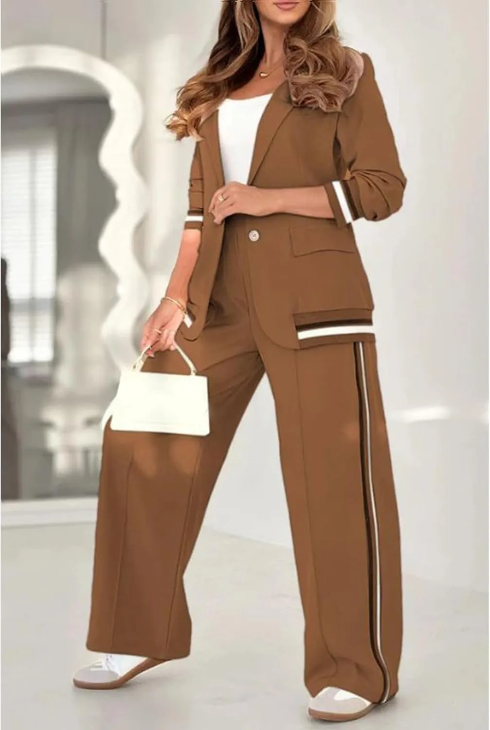 Blazer Sets Women 2 Piece Outfits Ribbed Sets One Button Blazer and Wide Leg Pants Suits Casual Business Outfits