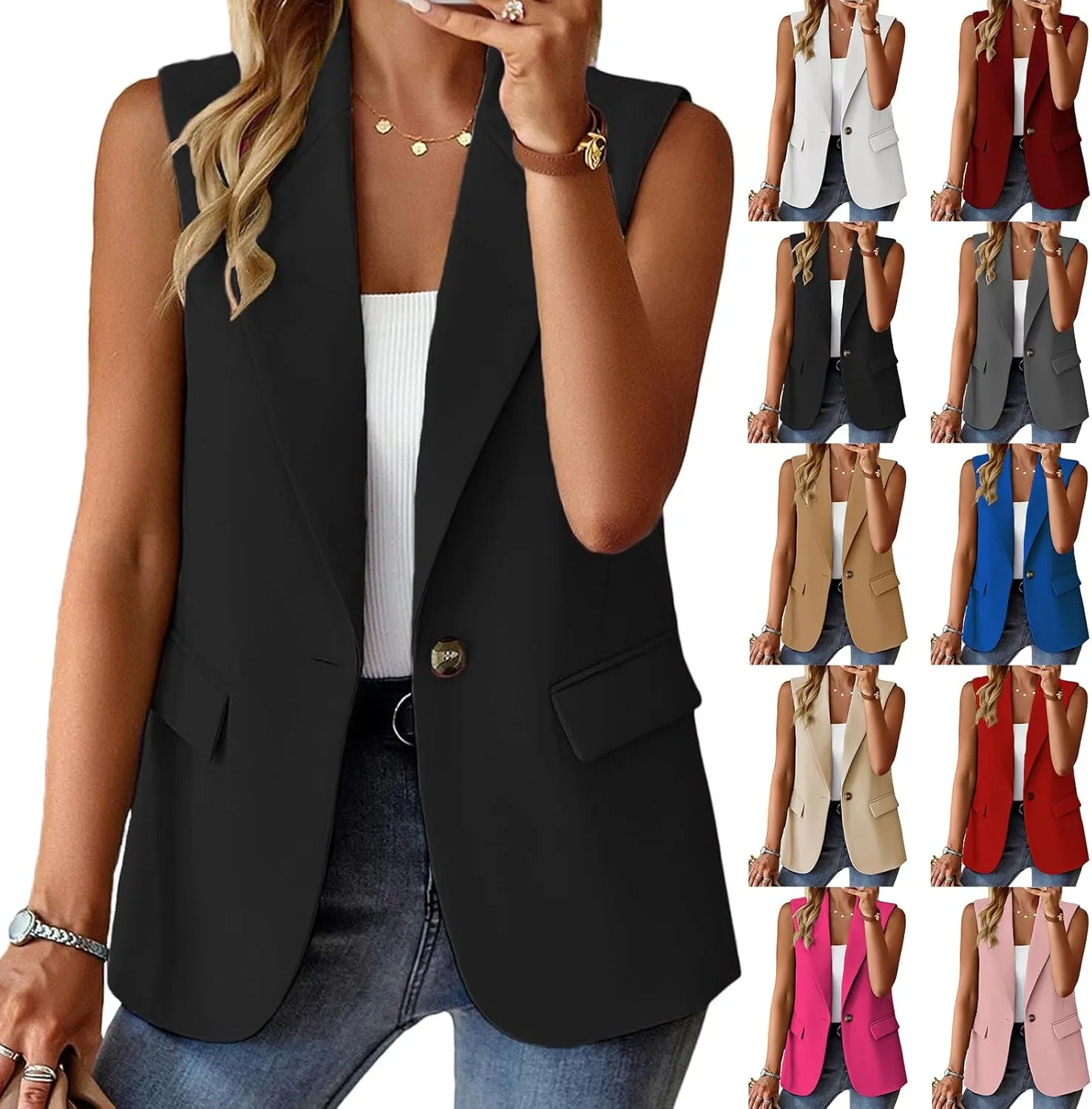 Blazers for Women Work Casual Sleeveless Vest Lightweight Interview Outfits Dressy Office Blazers with Pockets
