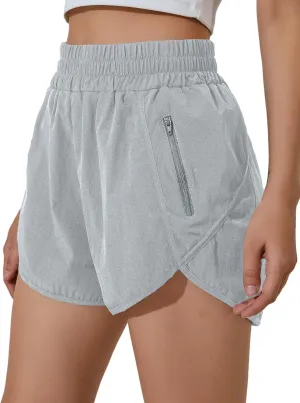 BMJL Women's Running Shorts Elastic High Waisted Shorts Pocket Sporty Workout Shorts Quick Dry Athletic Shorts Pants(M,Medium Blue Gray)