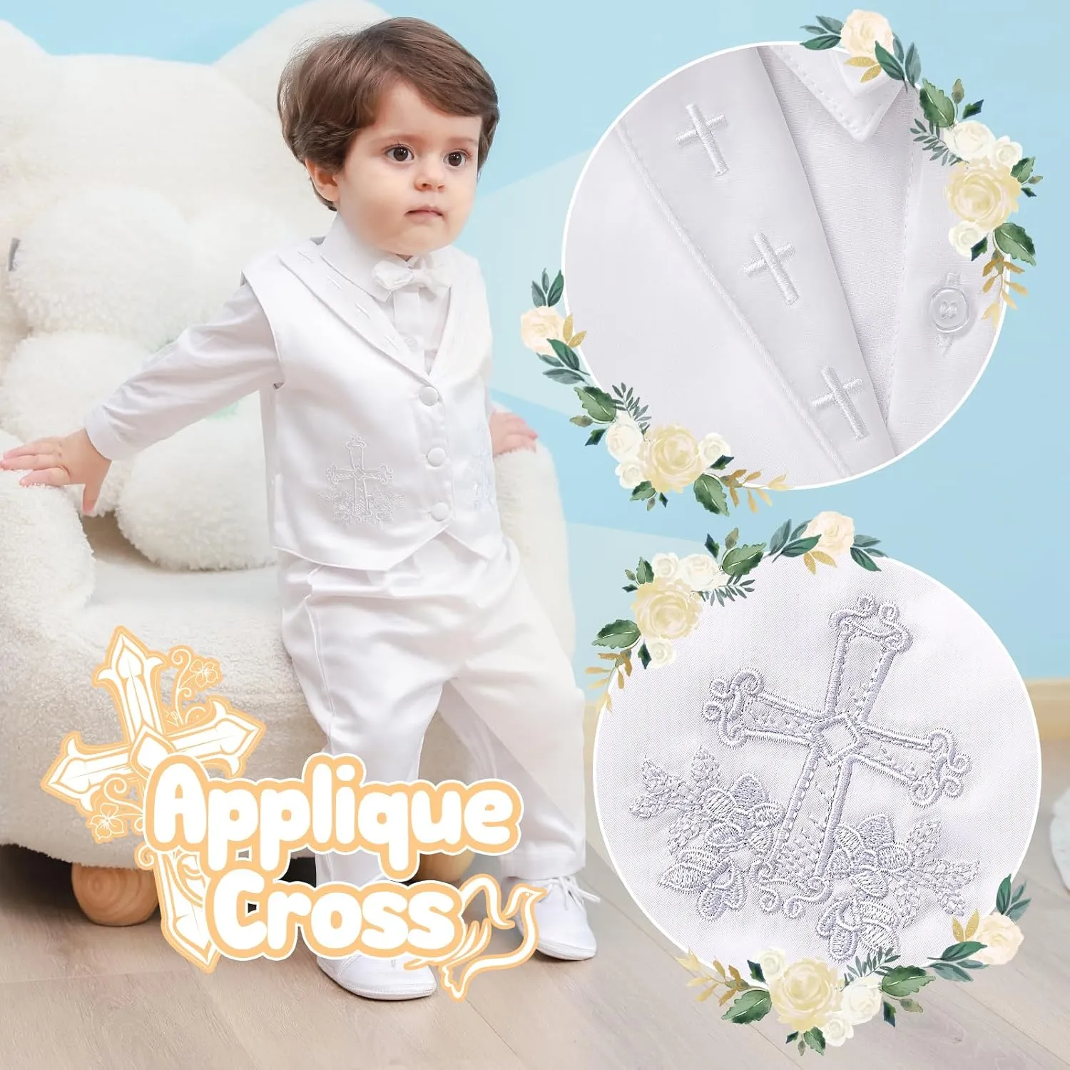 Booulfi Baptism Outfits for Boys Baby Boy Outfits Christening Gifts White Suits with Dress Shirt Pants