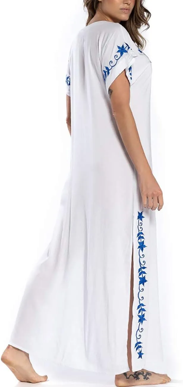 Busbseach Caftan Dresses for Women Embroidery Short Sleeve Beach Cover Up V Neck Maxi Kaftan Dress