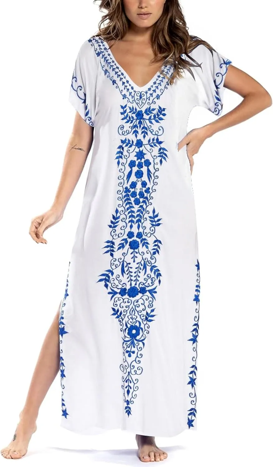 Busbseach Caftan Dresses for Women Embroidery Short Sleeve Beach Cover Up V Neck Maxi Kaftan Dress