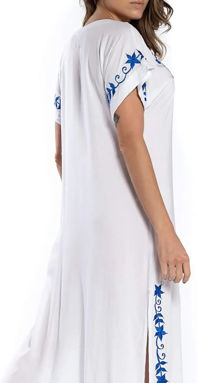 Busbseach Caftan Dresses for Women Embroidery Short Sleeve Beach Cover Up V Neck Maxi Kaftan Dress