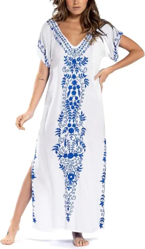 Busbseach Caftan Dresses for Women Embroidery Short Sleeve Beach Cover Up V Neck Maxi Kaftan Dress