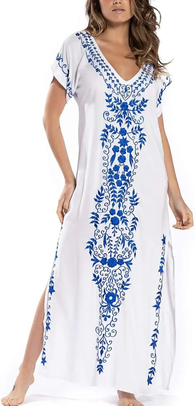 Busbseach Caftan Dresses for Women Embroidery Short Sleeve Beach Cover Up V Neck Maxi Kaftan Dress