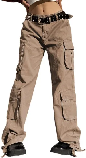 BXCNCKD Gothic Ladies Cargo Pants Street Retro Multi Pocket Cargo Pants Loose Wide Leg Pants Y2K Pants