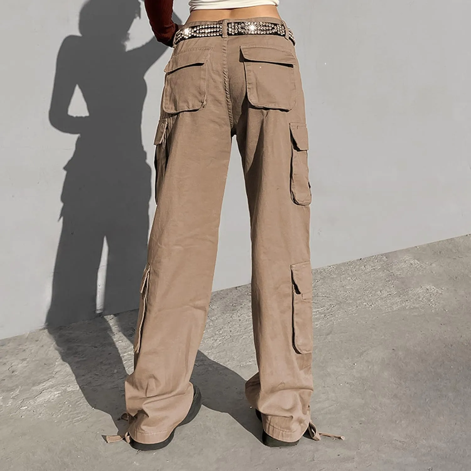 BXCNCKD Gothic Ladies Cargo Pants Street Retro Multi Pocket Cargo Pants Loose Wide Leg Pants Y2K Pants