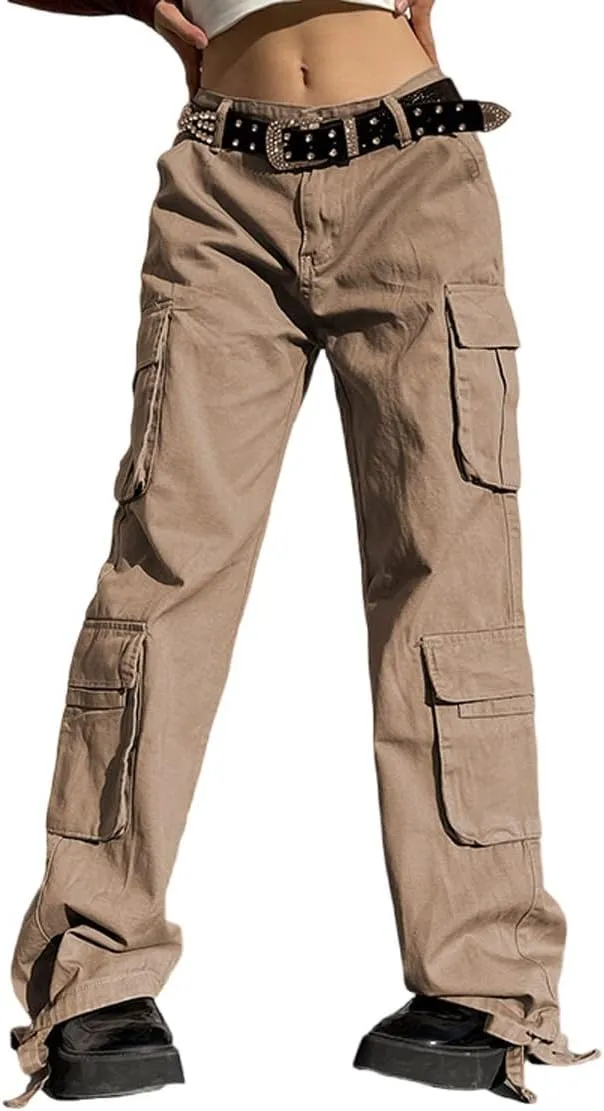 BXCNCKD Gothic Ladies Cargo Pants Street Retro Multi Pocket Cargo Pants Loose Wide Leg Pants Y2K Pants