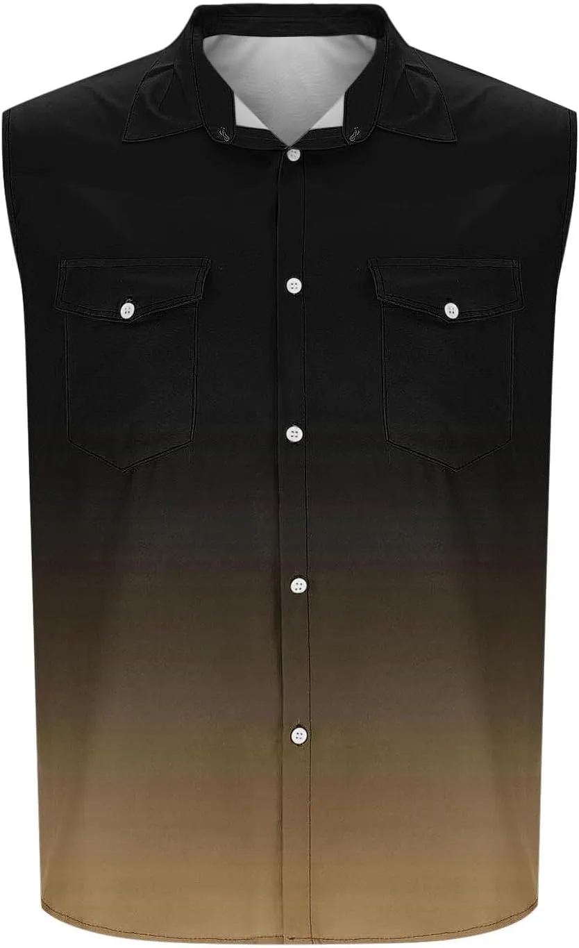 Cambkatl Men's Summer Fashion Gradient Button Down Shirt Sleeveless Casual Lapel Workout Tank Top Beach Shirts
