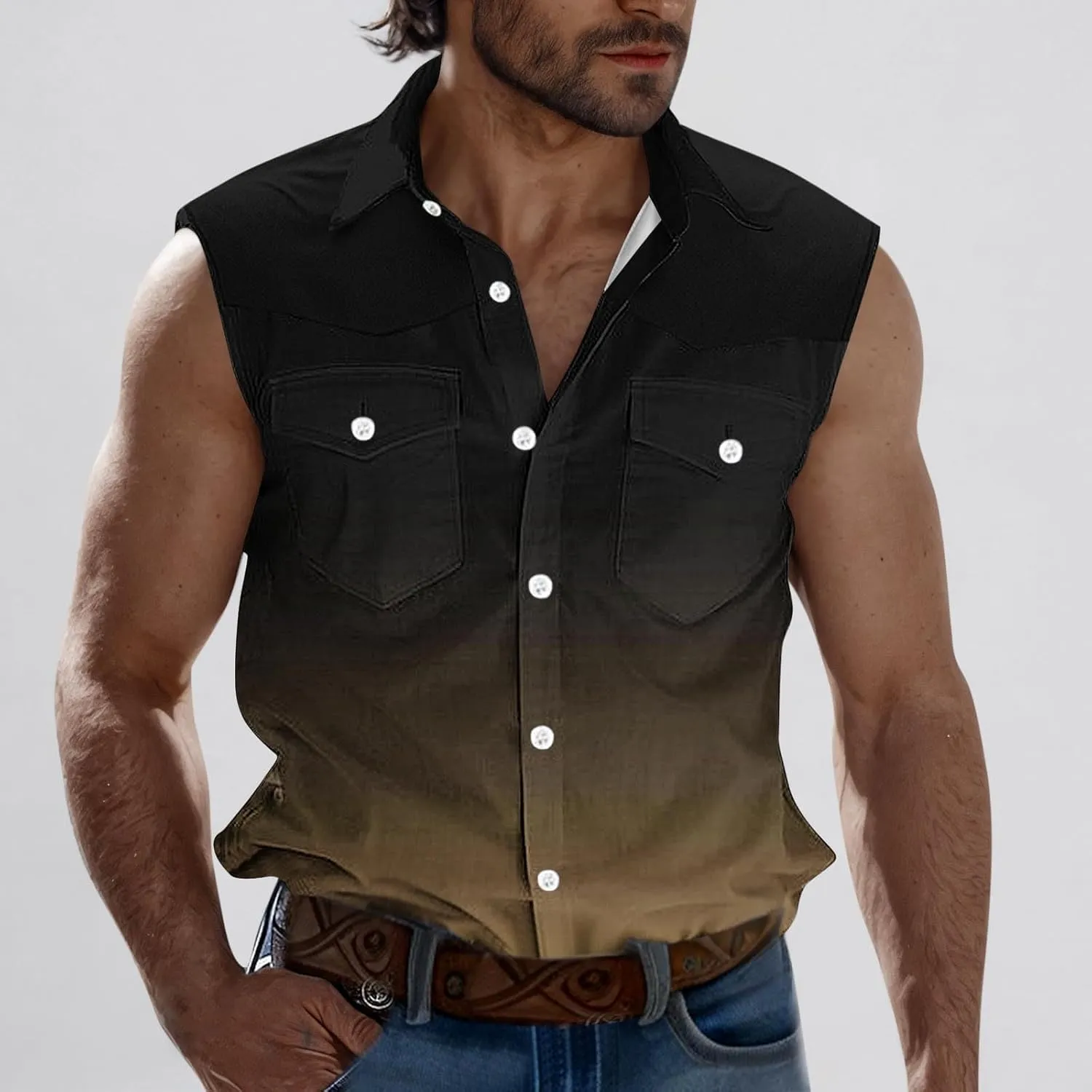 Cambkatl Men's Summer Fashion Gradient Button Down Shirt Sleeveless Casual Lapel Workout Tank Top Beach Shirts